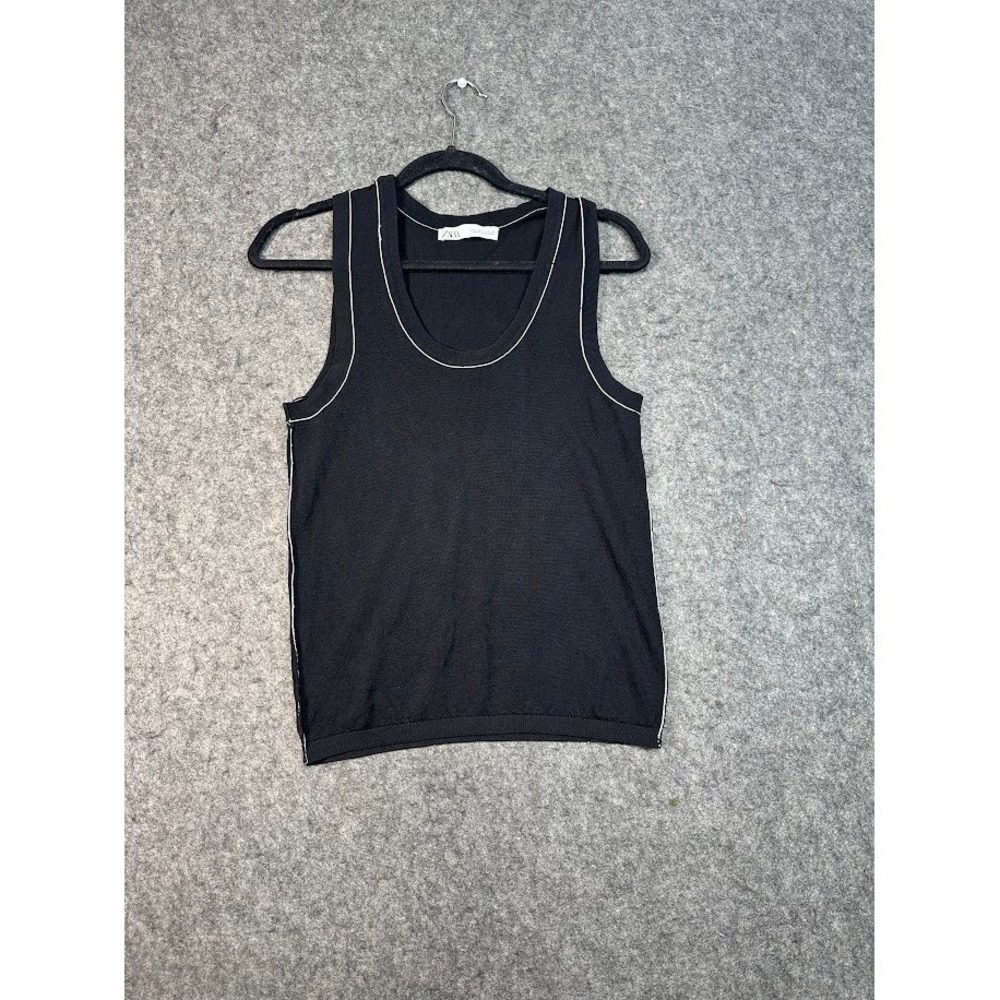 ZARA Womens L Black Knit Tank Top Contrast Trim Sleeveless Scoop Neck Large